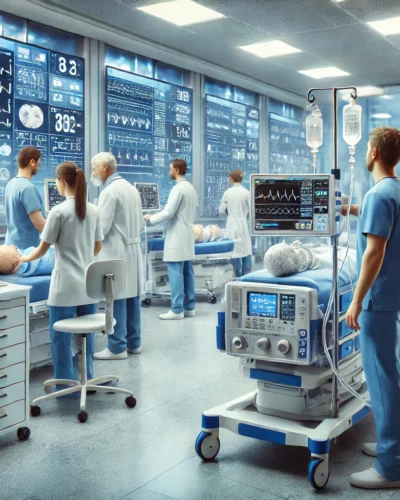 a group of people in a room with medical equipment